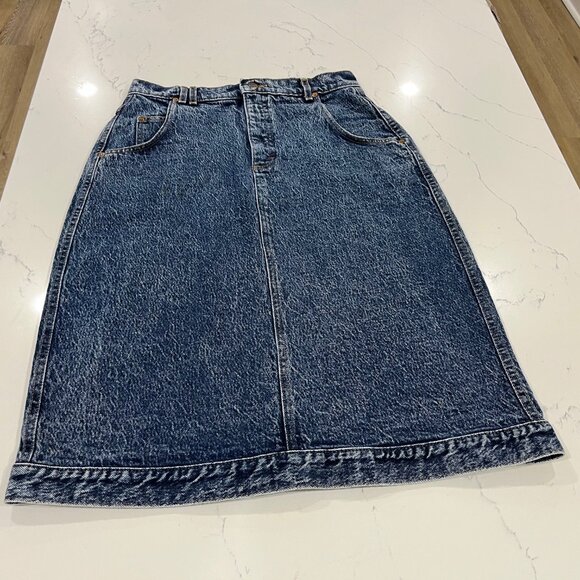 Vtg 80's Lee Riders Blue Jean GLACIER Acid Wash Denim BANDED Bottom Skirt 14 - Picture 1 of 12
